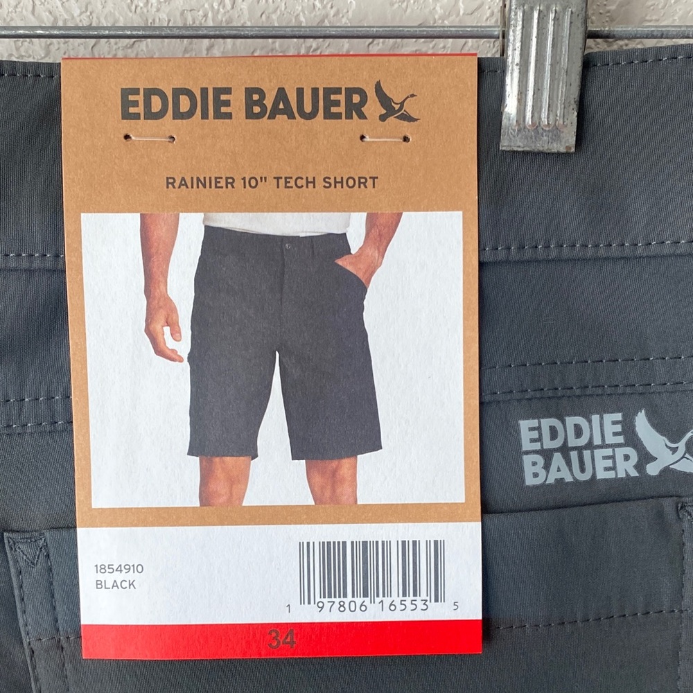 EDDIE BAUER Mens Rainier Tech Short BLACK 34 Stretch Nylon 10" Inseam Zip Pocket - Picture 6 of 11